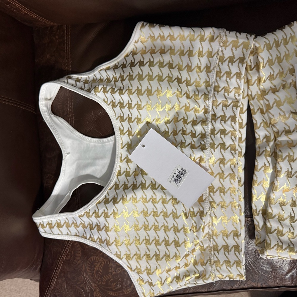 White and Gold Houndstooth Sports Bra